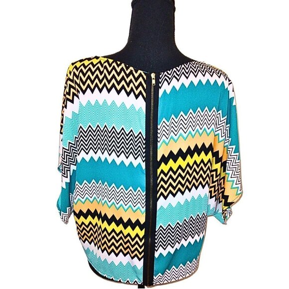 FRANCESCA'S COLLECTIONS MULTI COLORED ZIG ZAG PATTERN BLOUSE WITH ZIPPER BACK - Picture 2 of 5